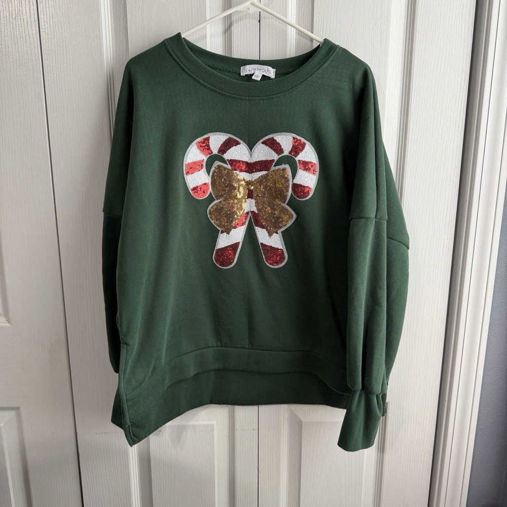 B Famous Green Split Hem Sweatshirt Christmas Candy Cane Sequins Women's Medium